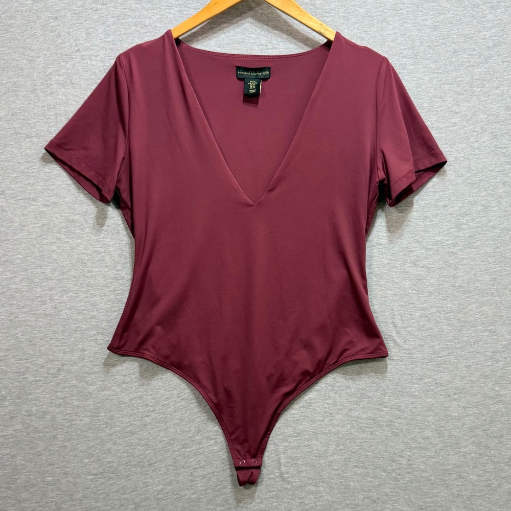 House of Harlow 1960 Bodysuit Womens XL Burgundy Deep V-Neck Short Sleeve Casual
